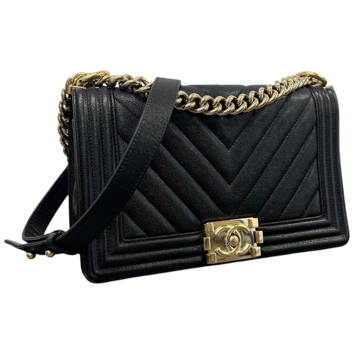 Women's Chevron Boy Bag Medium Caviar Handbag Black - Photo 4