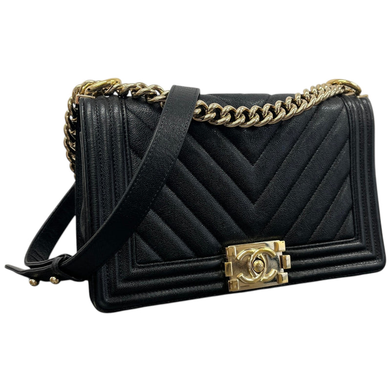 Women's Chevron Boy Bag Medium Caviar Handbag Black