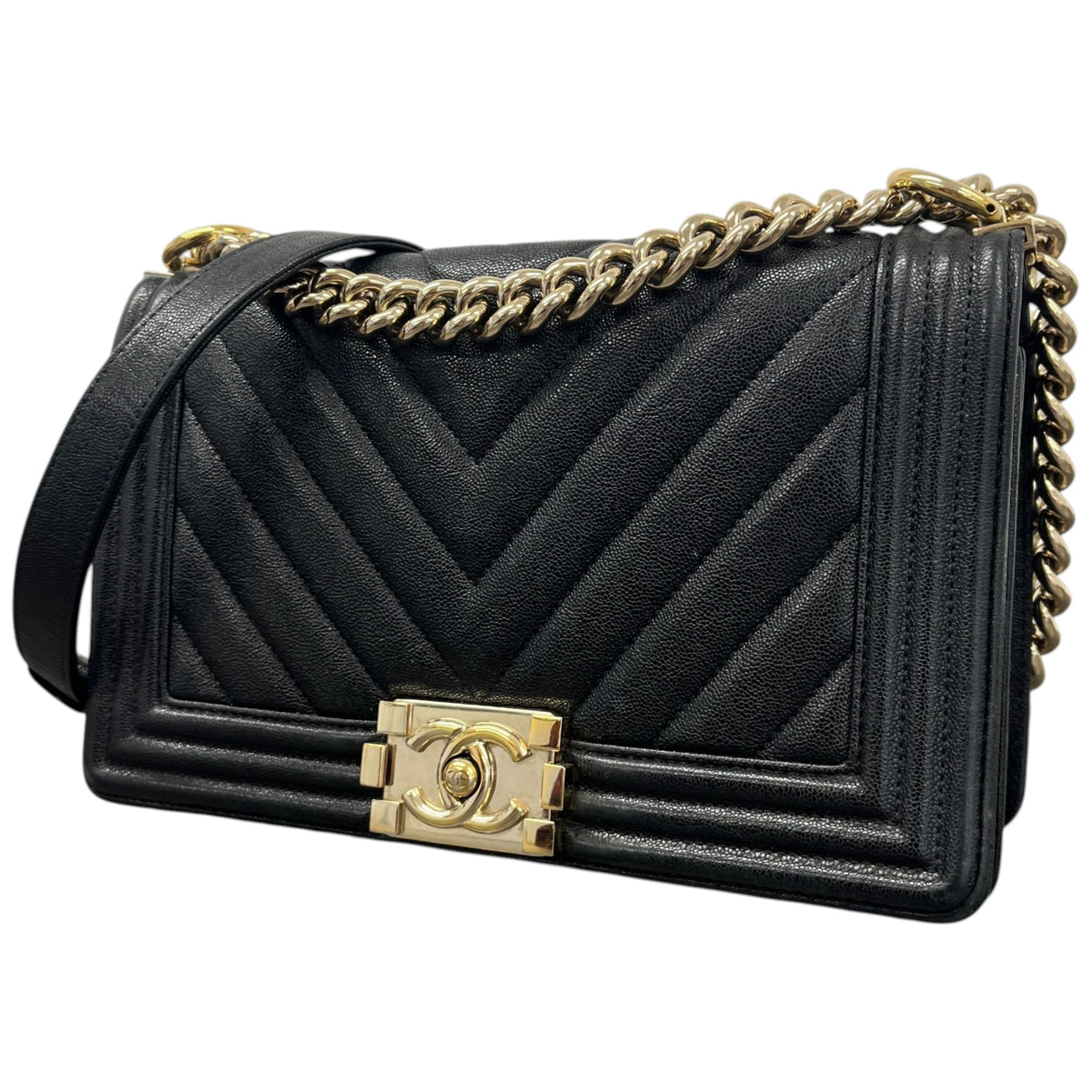 Women's Chevron Boy Bag Medium Caviar Handbag Black - Photo 5