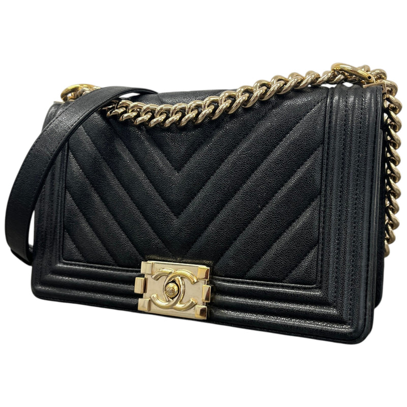Women's Chevron Boy Bag Medium Caviar Handbag Black