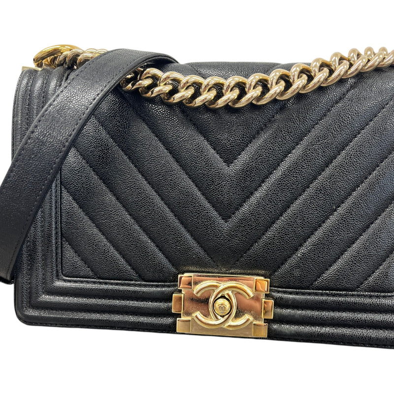 Women's Chevron Boy Bag Medium Caviar Handbag Black