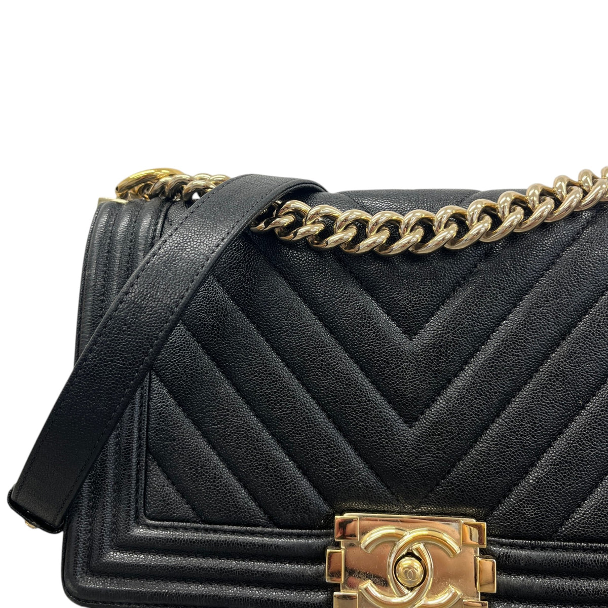Women's Chevron Boy Bag Medium Caviar Handbag Black - Photo 10