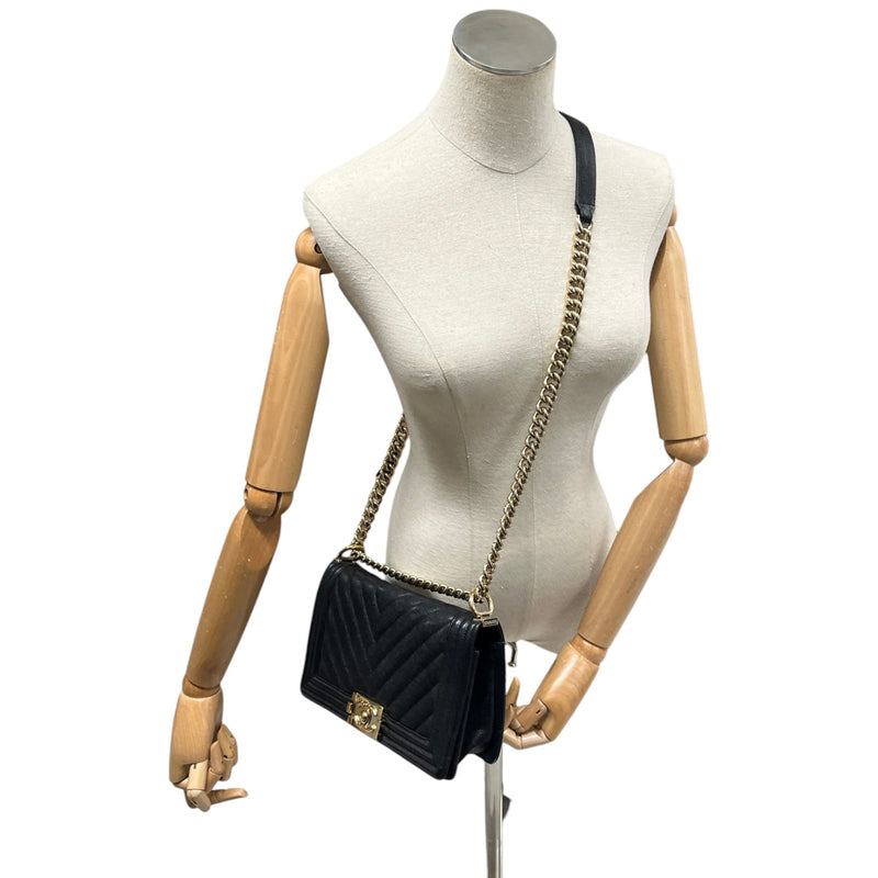 Women's Chevron Boy Bag Medium Caviar Handbag Black