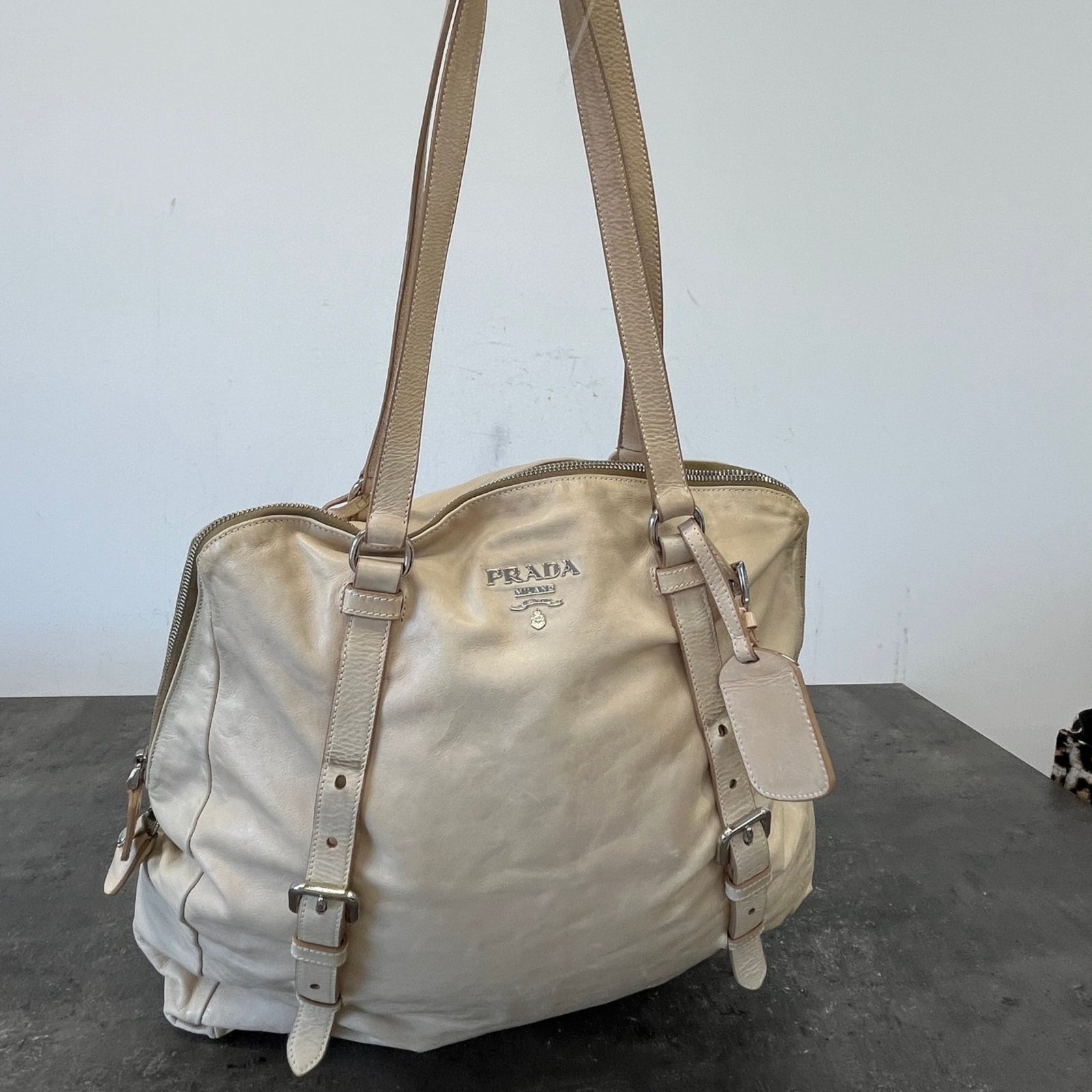 Women's Plaque Logo Dual Buckle Strap Handbag Beige - Photo 12