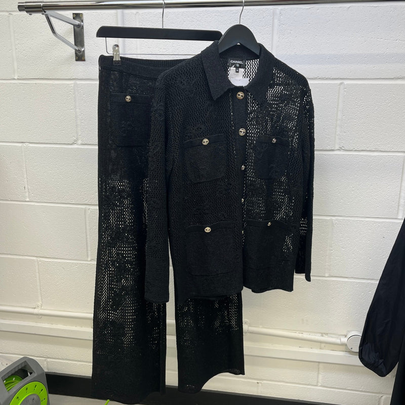 Women's Bow Patchwork Diamond Cc Button Full Tracksuit Black Size S