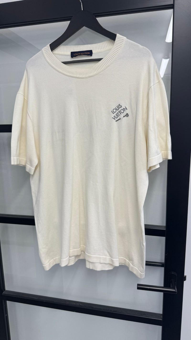 Men's Embroidered Logo Pin Knit T-Shirt Cream Size XXL