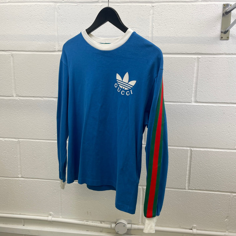 Men's X Adidas Trefoil Print Long Sleeve T-Shirt Blue Size XS