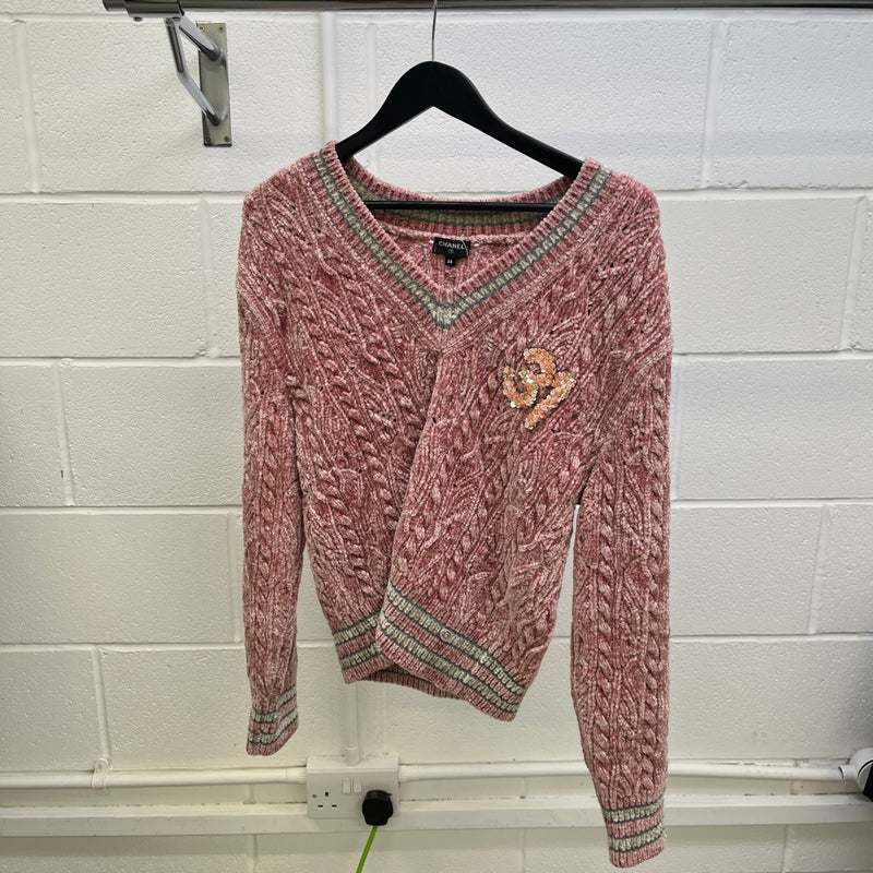 Women's 22B V Neck Cable Stitch Jumper Pink Size S