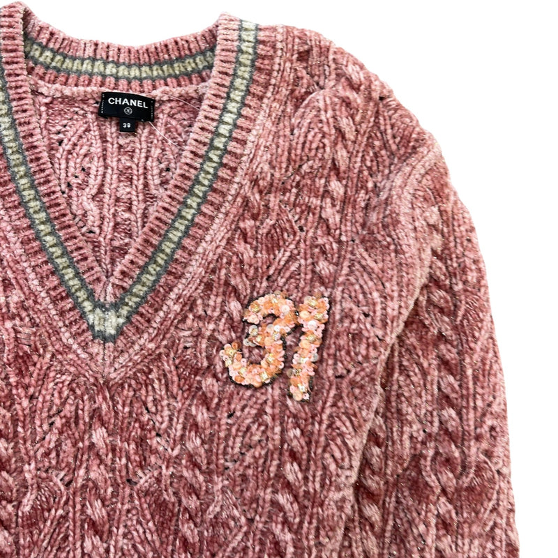 Women's 22B V Neck Cable Stitch Jumper Pink Size S