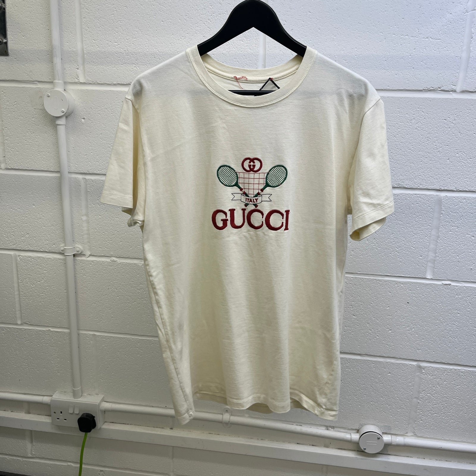 Men's Embroidered Tennis Racket Graphic T-Shirt Cream Size S - Photo 9