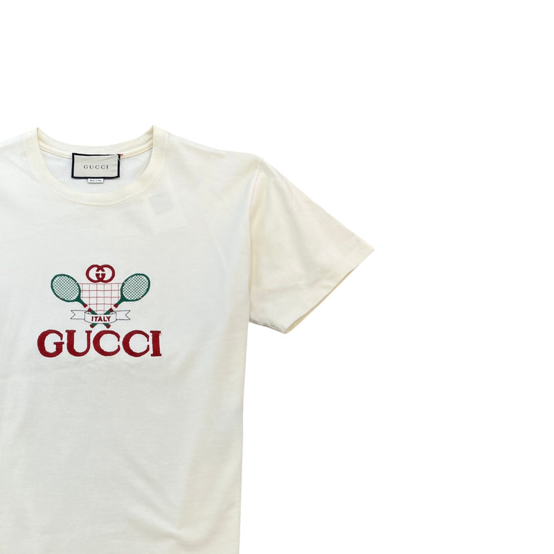 Men's Embroidered Tennis Racket Graphic T-Shirt Cream Size S