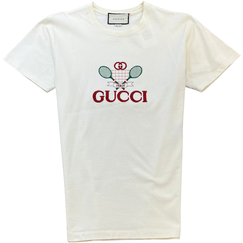 Men's Embroidered Tennis Racket Graphic T-Shirt Cream Size S