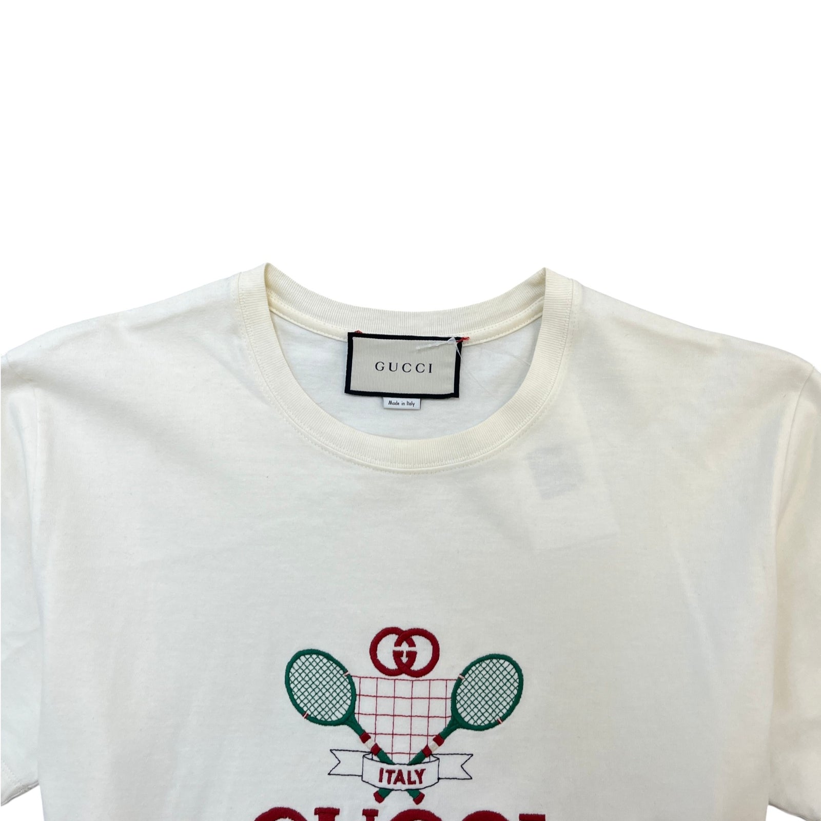 Men's Embroidered Tennis Racket Graphic T-Shirt Cream Size S - Photo 5