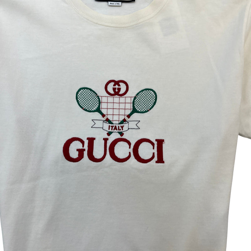 Men's Embroidered Tennis Racket Graphic T-Shirt Cream Size S