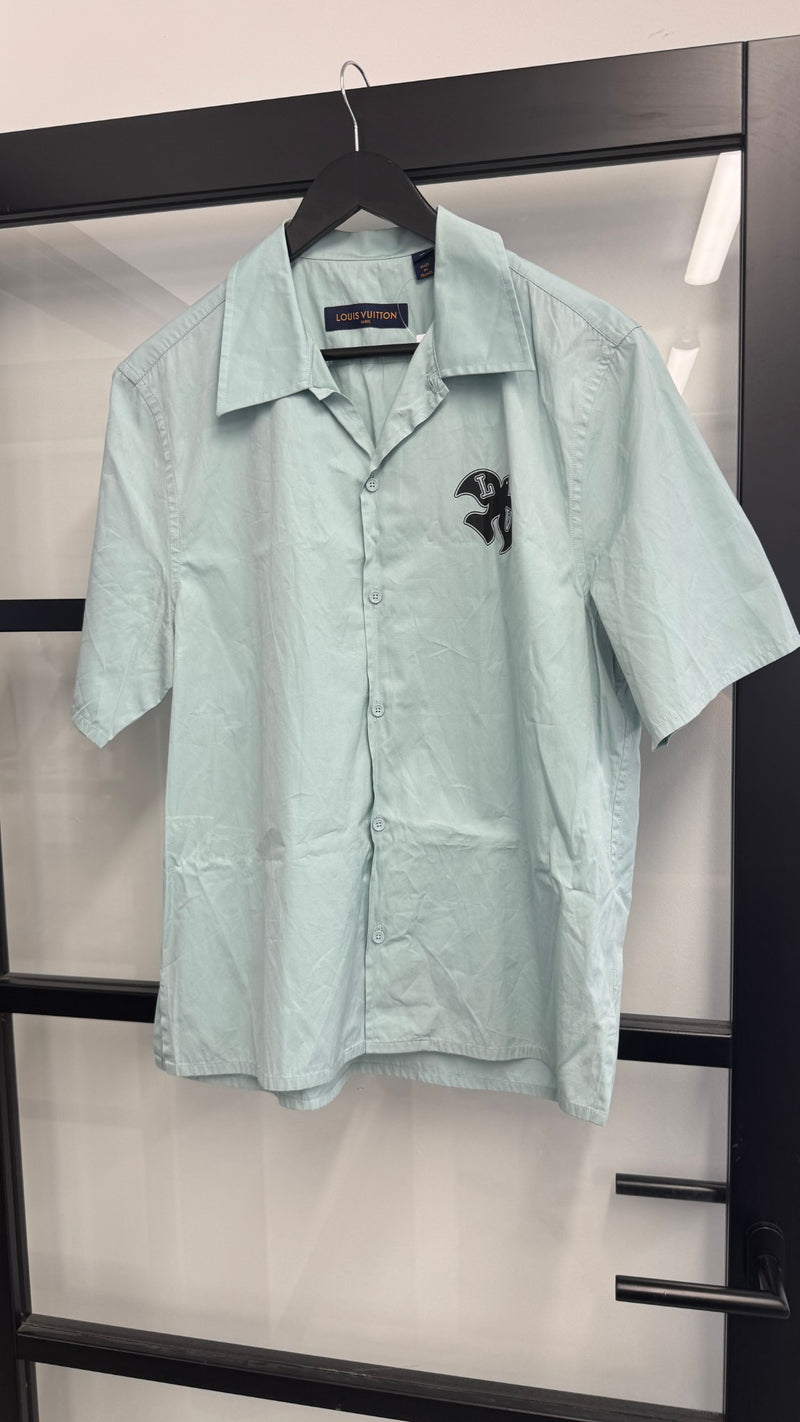 Men's Flocked Print Short Sleeve Shirt Blue Size M