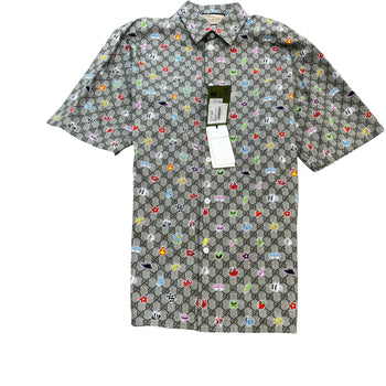 Men's Gg Supreme Stickers On Pop Print Short Sleeve Shirt Beige Size IT 48 / UK M