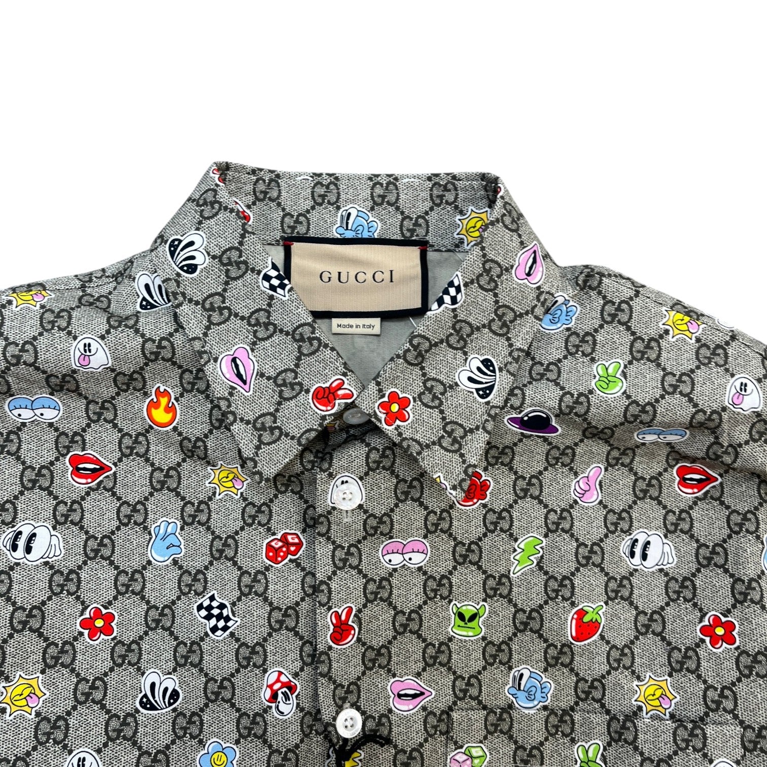 Men's Gg Supreme Stickers On Pop Print Short Sleeve Shirt Beige Size IT 48 / UK M - Photo 5