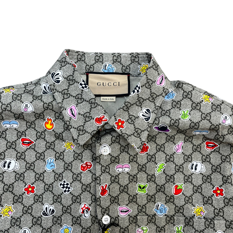 Men's Gg Supreme Stickers On Pop Print Short Sleeve Shirt Beige Size IT 48 / UK M