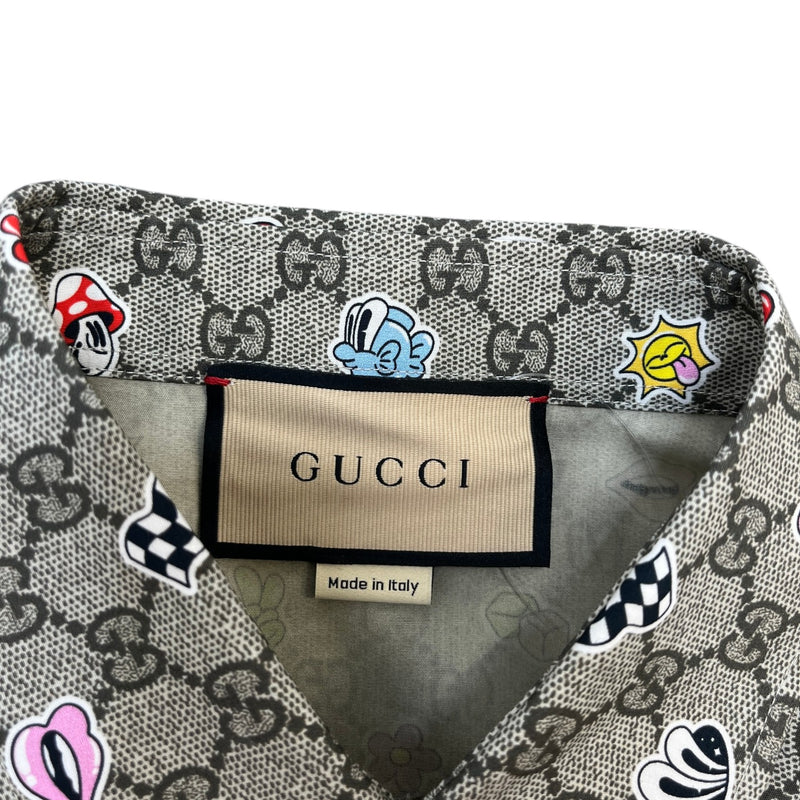 Men's Gg Supreme Stickers On Pop Print Short Sleeve Shirt Beige Size IT 48 / UK M