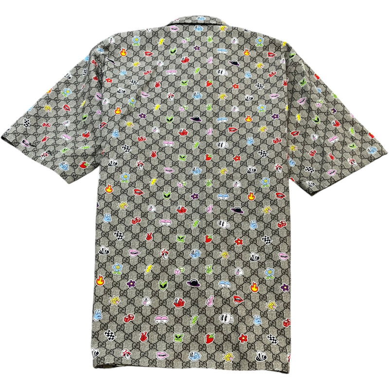 Men's Gg Supreme Stickers On Pop Print Short Sleeve Shirt Beige Size IT 48 / UK M