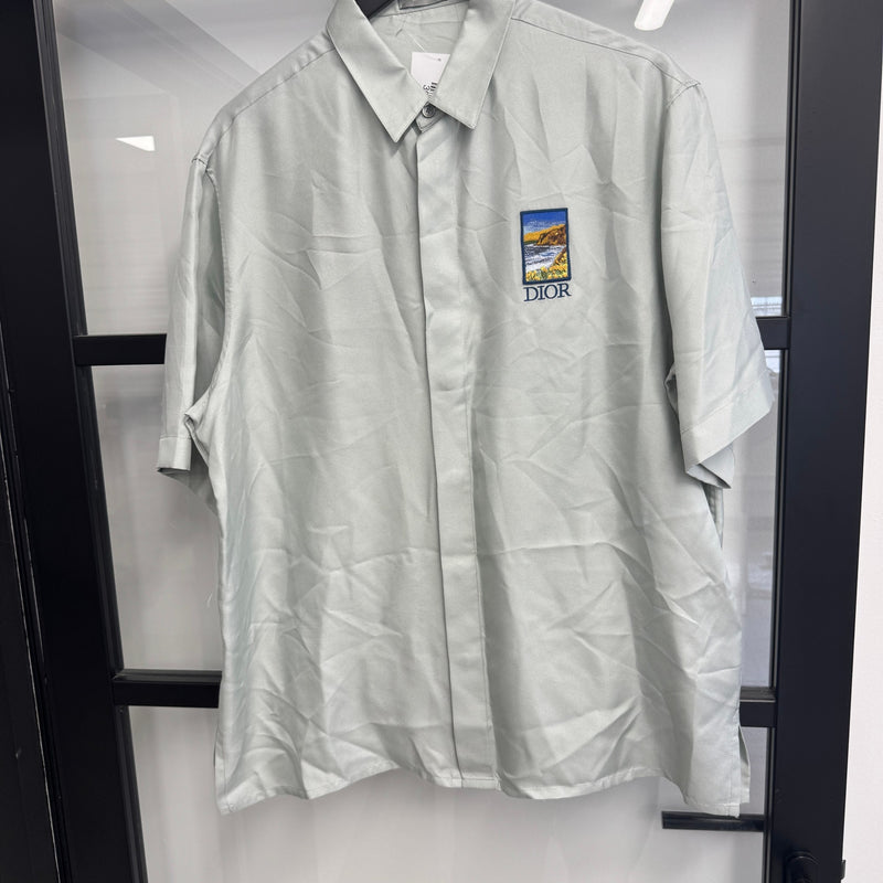 Men's Embroidered Logo Short Sleeve Shirt Blue Size XXS