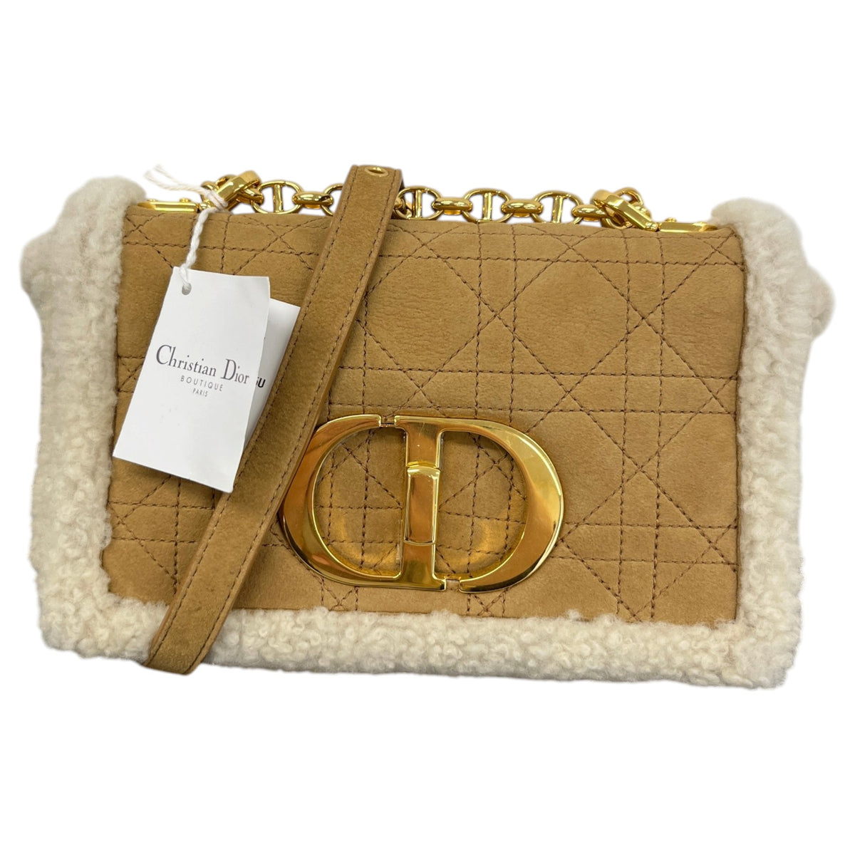 Women's Caro Shearling-Trimmed Quilted Crossbody Bag Tan - Photo 1