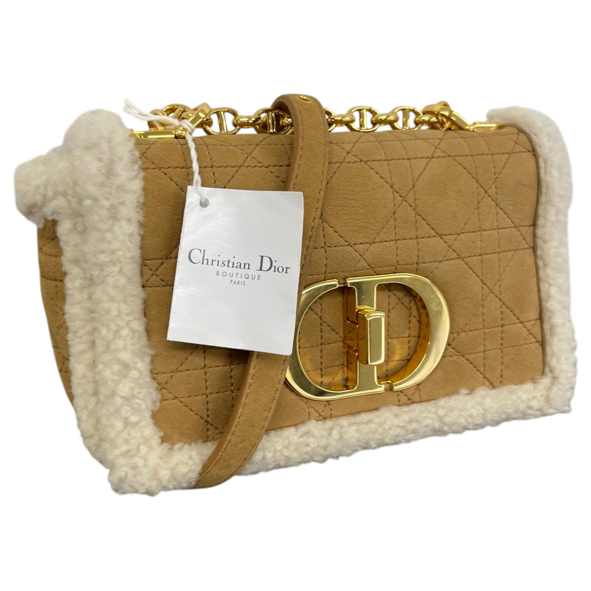 Women's Caro Shearling-Trimmed Quilted Crossbody Bag Tan - Photo 4