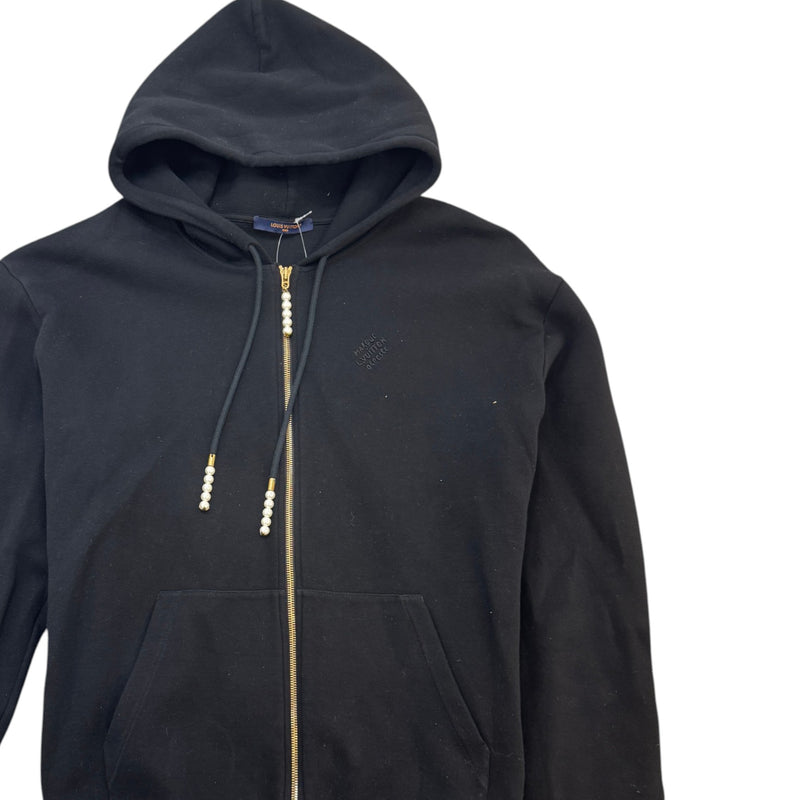 Men's Embroidered Zipped Jersey Pearl Hoodie Black Size L