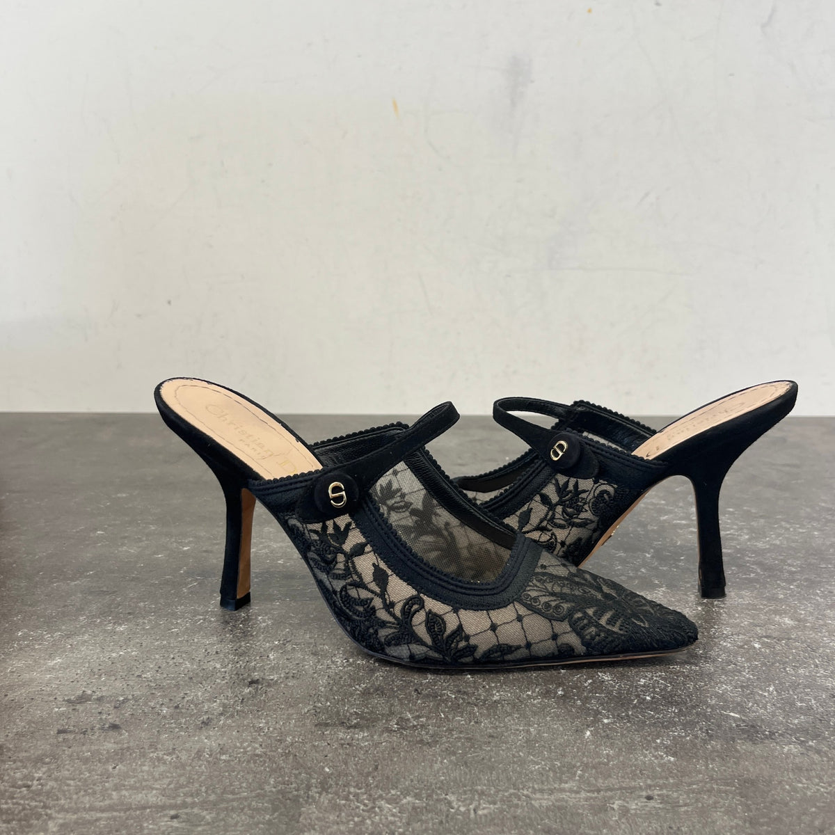 Women's Mesh Lace Pattern Mules Heels Black Size UK 4 / EU 37 - Photo 11