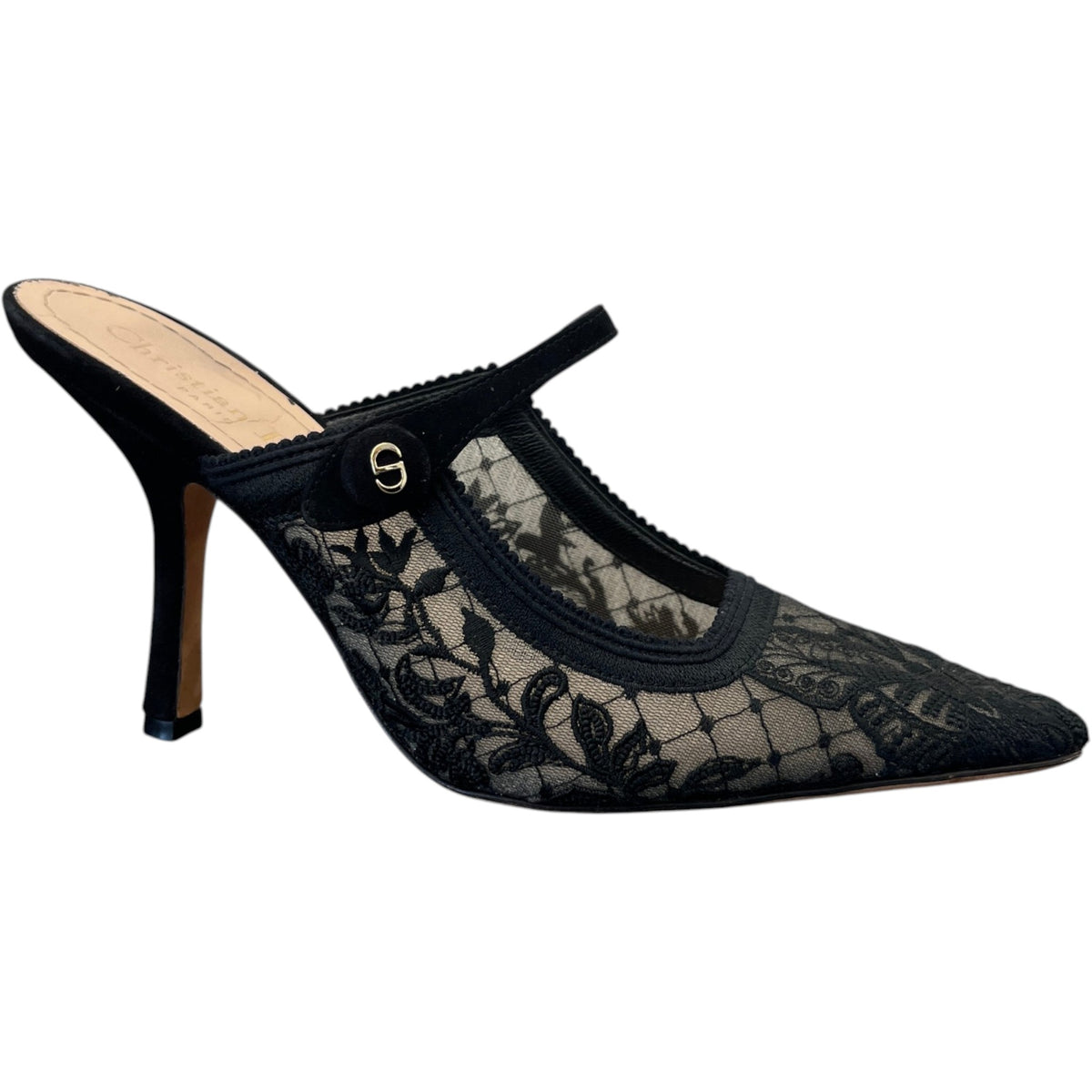 Women's Mesh Lace Pattern Mules Heels Black Size UK 4 / EU 37 - Photo 1