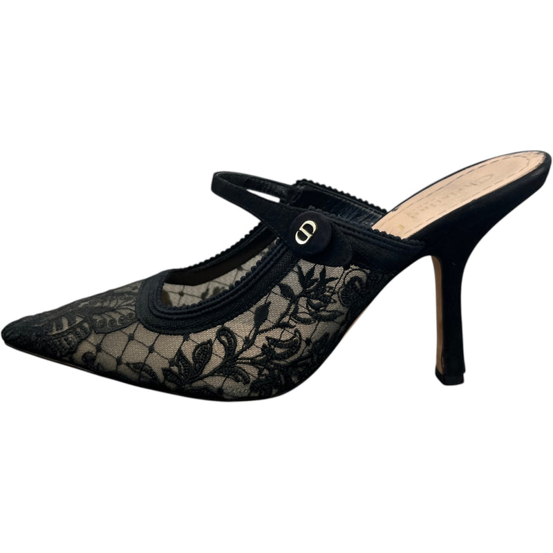 Women's Mesh Lace Pattern Mules Heels Black Size UK 4 / EU 37
