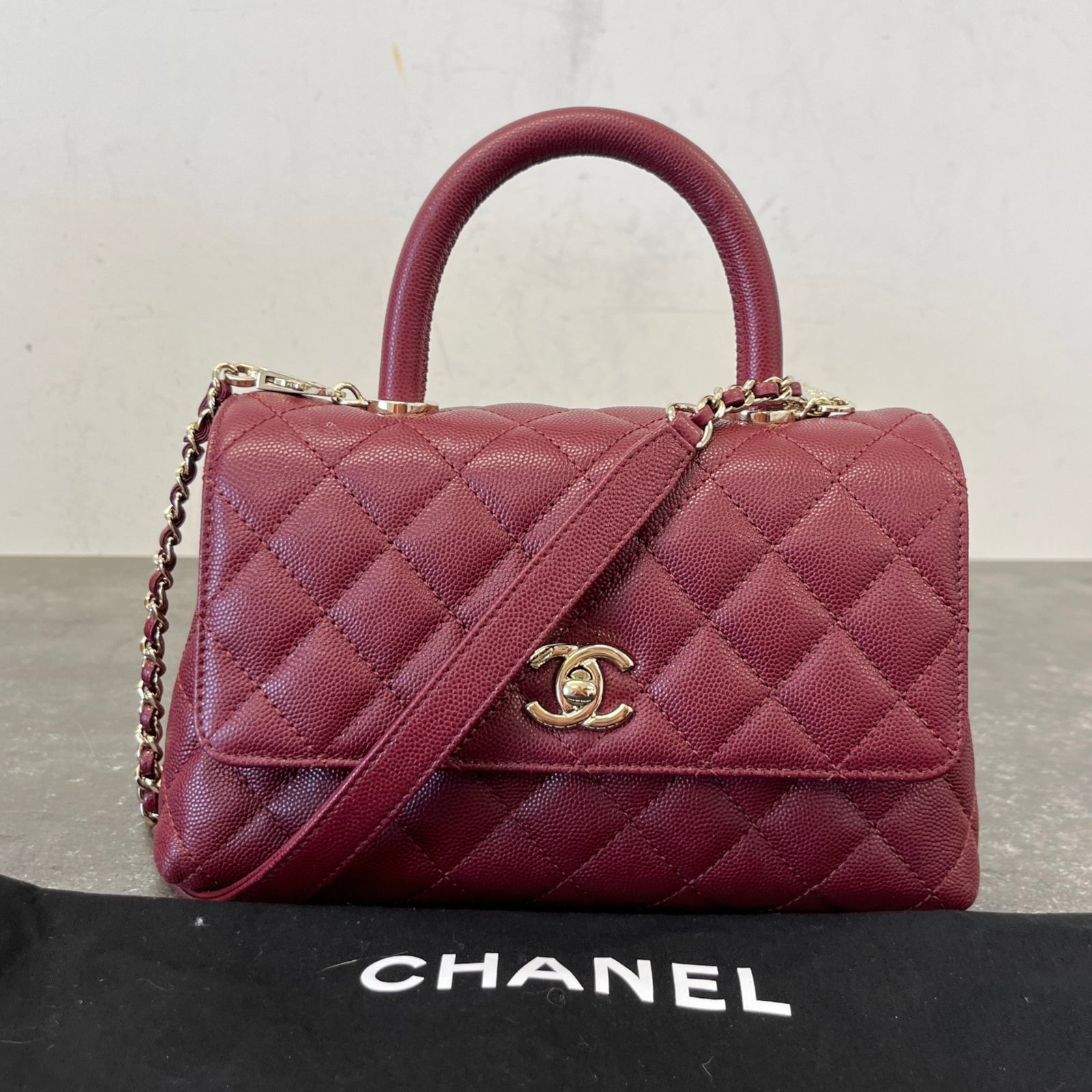 Women's Caviar Leather Small Coco Handle Flap Bag Burgundy - Photo 14