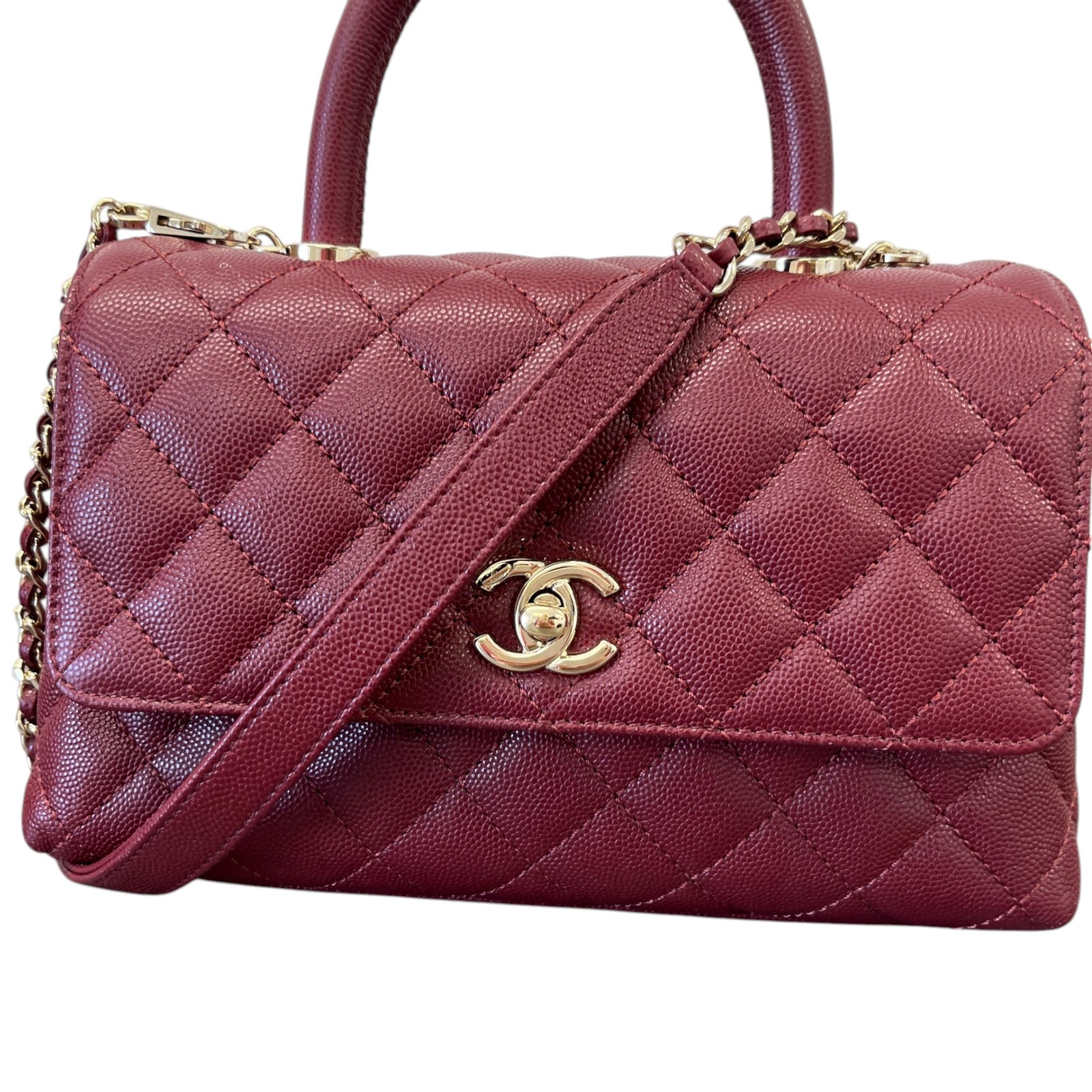 Women's Caviar Leather Small Coco Handle Flap Bag Burgundy - Photo 11