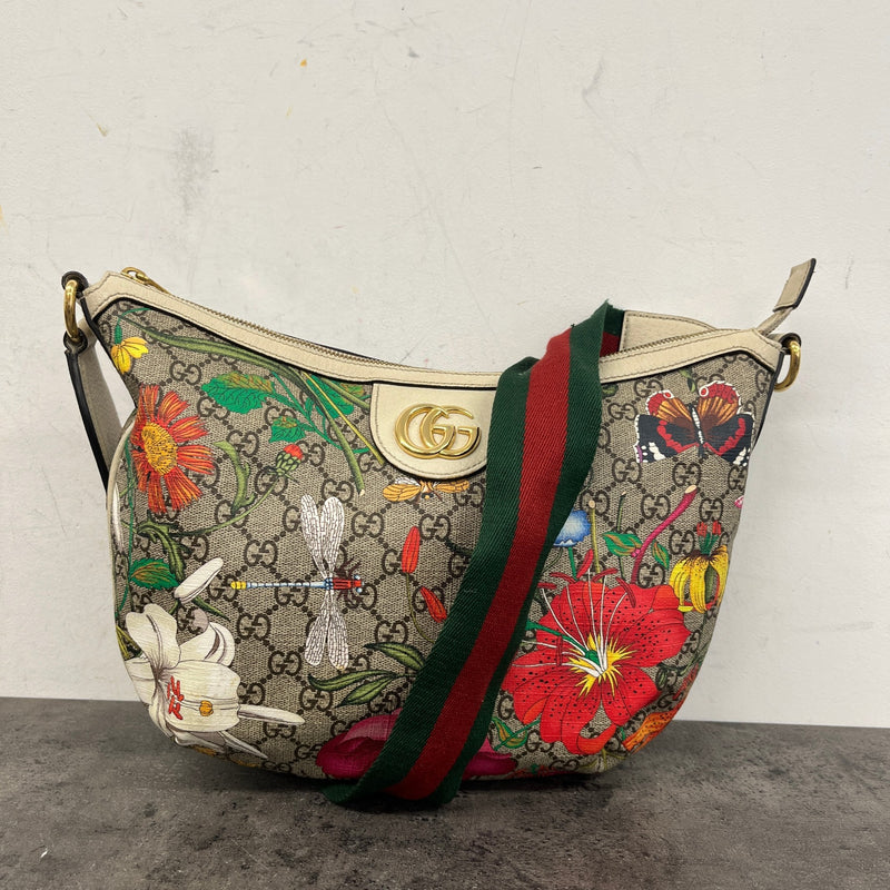 Men's GG Supreme Monogram Flora Web Small Ophidia Half Moon Messenger Bag Beige