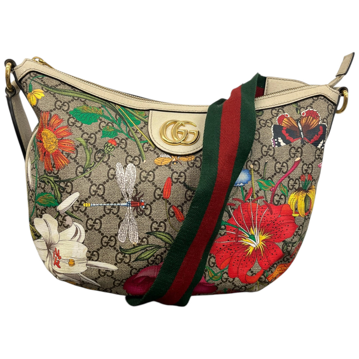 Men's GG Supreme Monogram Flora Web Small Ophidia Half Moon Messenger Bag Beige - Photo 1