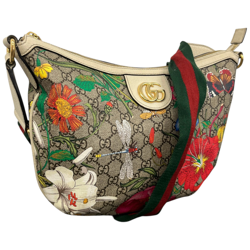 Men's GG Supreme Monogram Flora Web Small Ophidia Half Moon Messenger Bag Beige