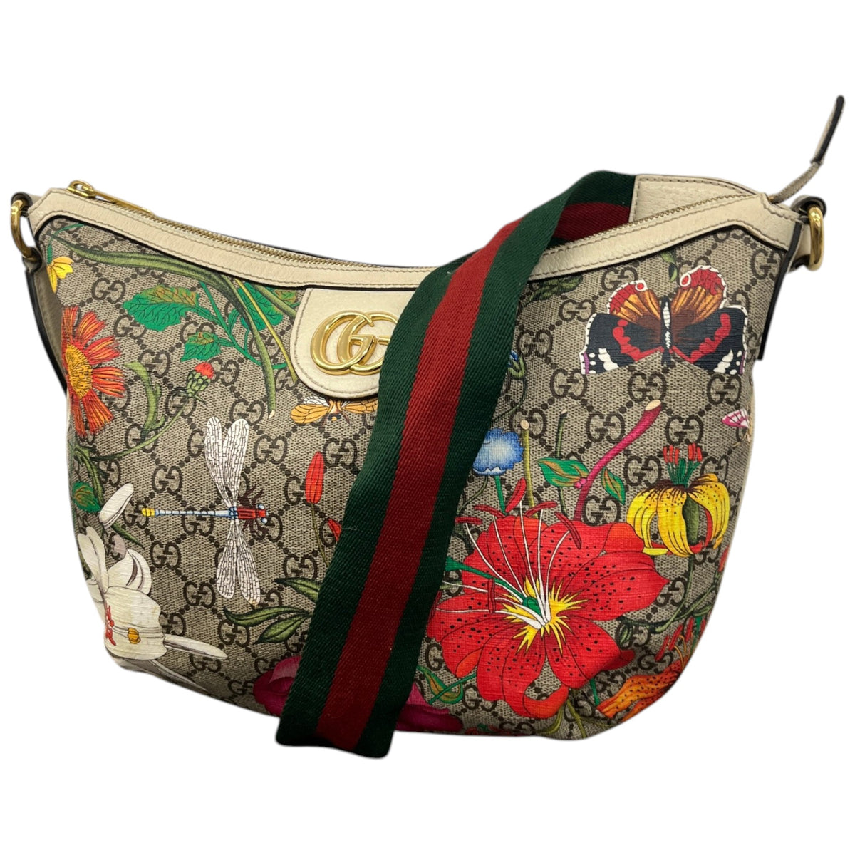Men's GG Supreme Monogram Flora Web Small Ophidia Half Moon Messenger Bag Beige - Photo 5