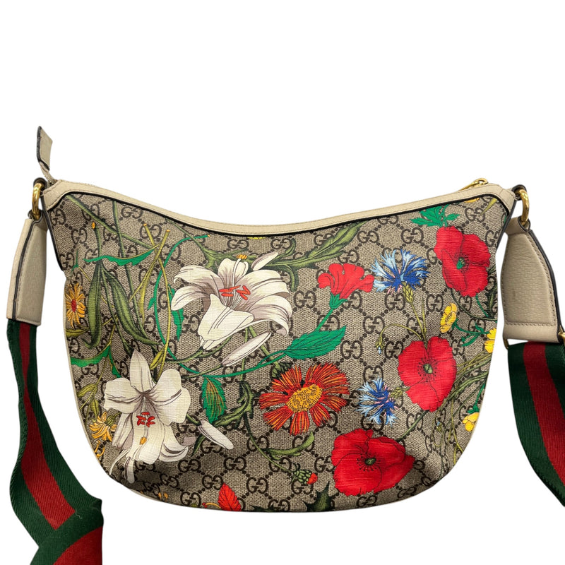Men's GG Supreme Monogram Flora Web Small Ophidia Half Moon Messenger Bag Beige