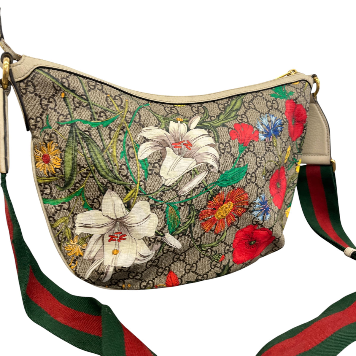 Men's GG Supreme Monogram Flora Web Small Ophidia Half Moon Messenger Bag Beige - Photo 6