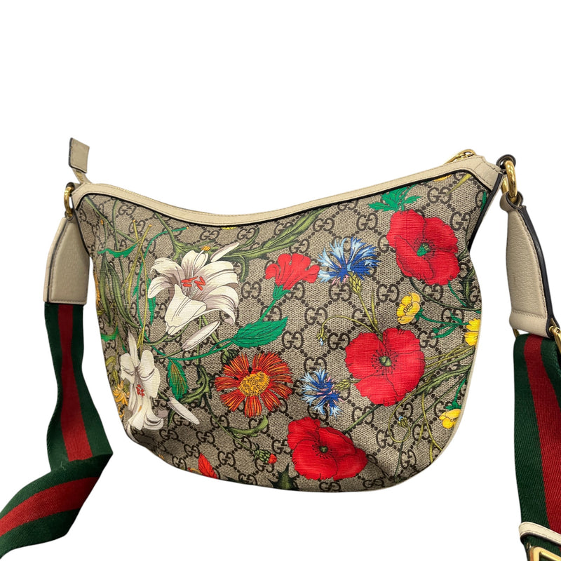 Men's GG Supreme Monogram Flora Web Small Ophidia Half Moon Messenger Bag Beige
