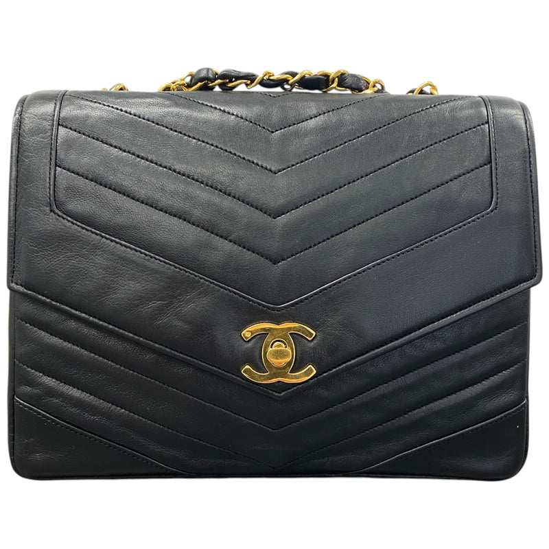Women's Vintage 1908S Chevron Envelope Lambskin Single Flap Bag Black