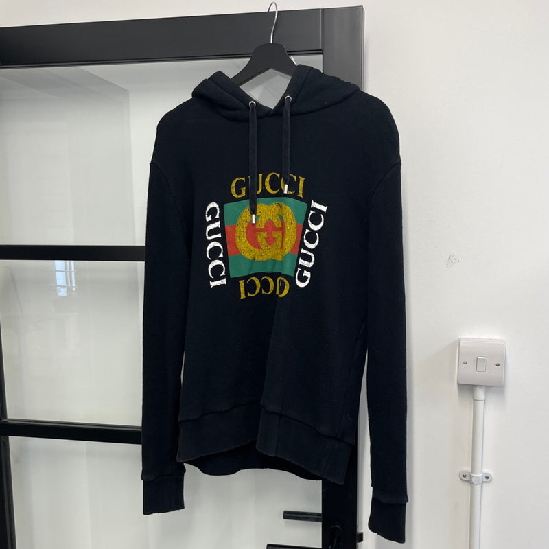 Men's Distressed Logo Print Hoodie Black Size S