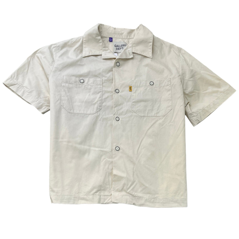 Men's Mechanic Camp-Collar Short Sleeve Shirt Beige Size L