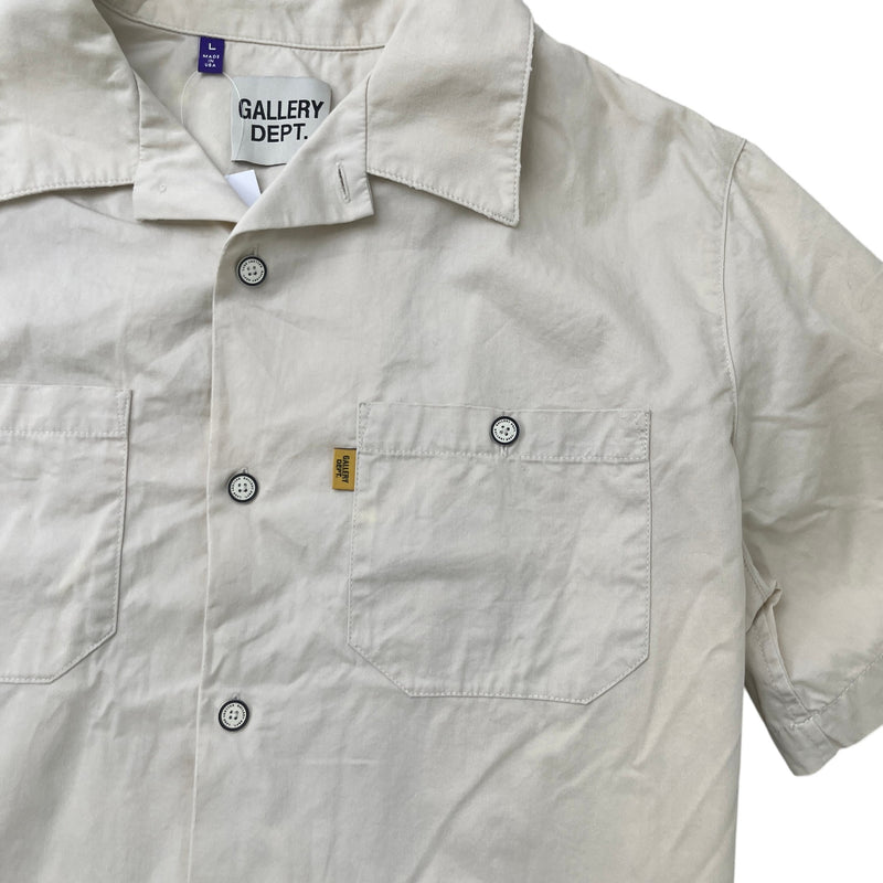 Men's Mechanic Camp-Collar Short Sleeve Shirt Beige Size L