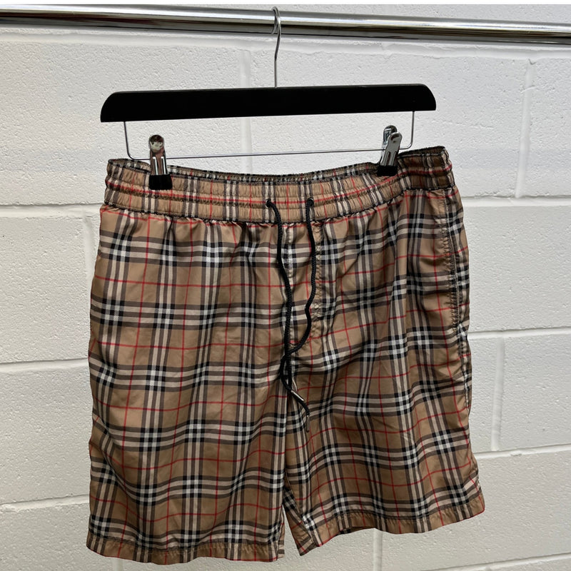 Men's Check Print Swim Shorts Beige Size M