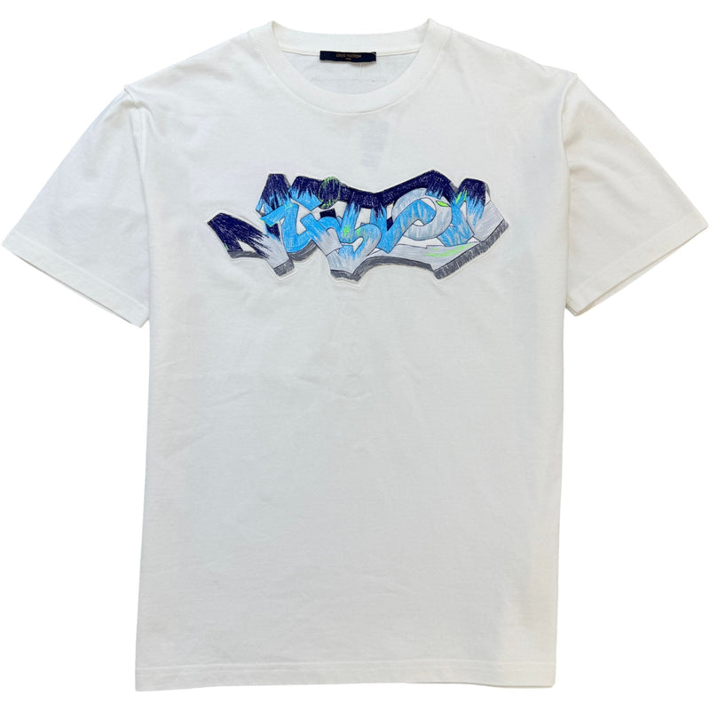 Men's 3D Embroidered Graffiti Logo T-Shirt White Size L