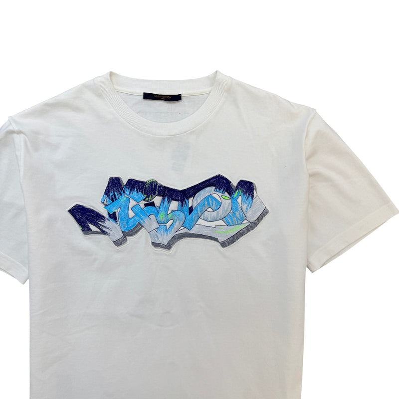 Men's 3D Embroidered Graffiti Logo T-Shirt White Size L