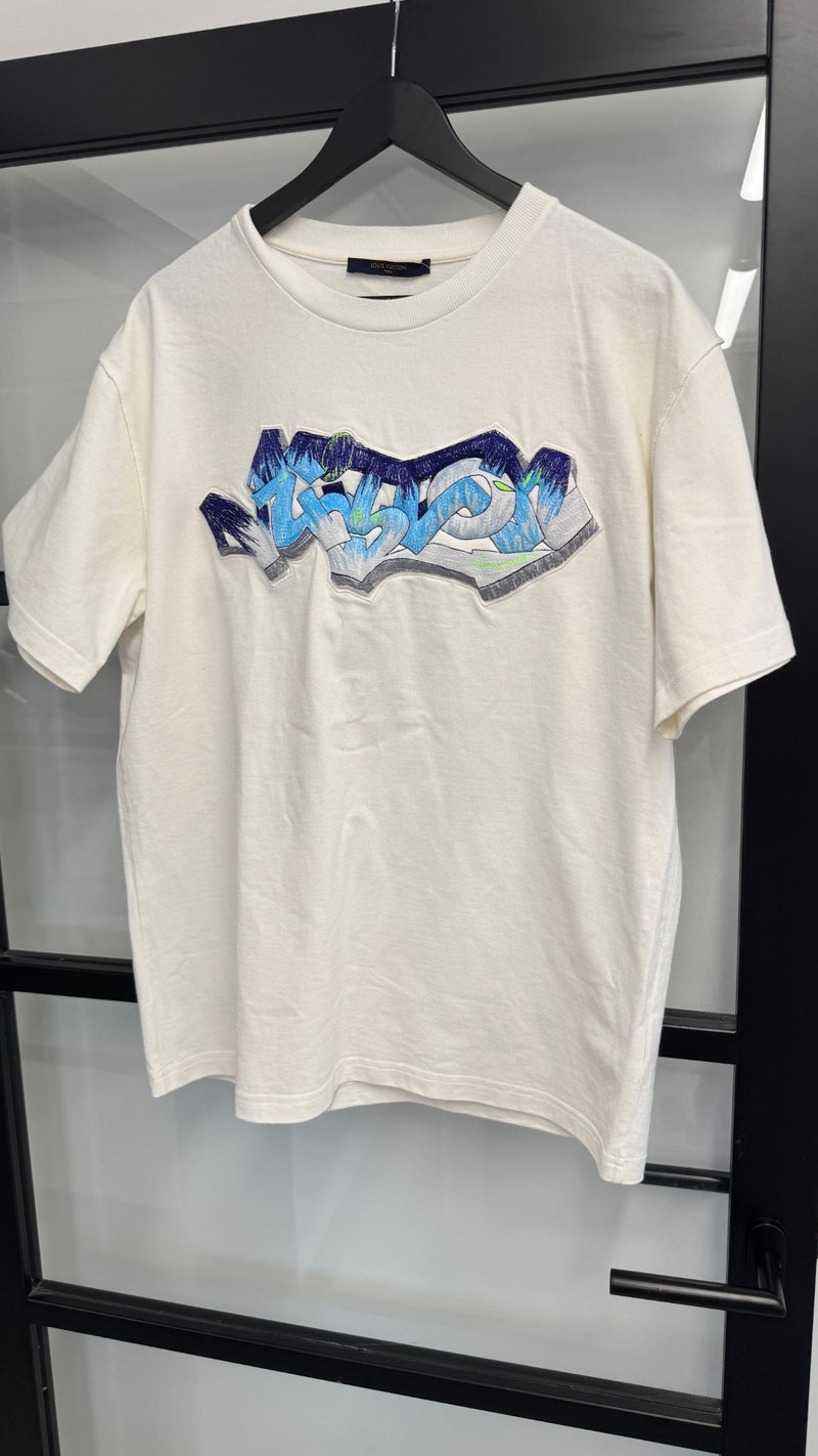 Men's 3D Embroidered Graffiti Logo T-Shirt White Size L