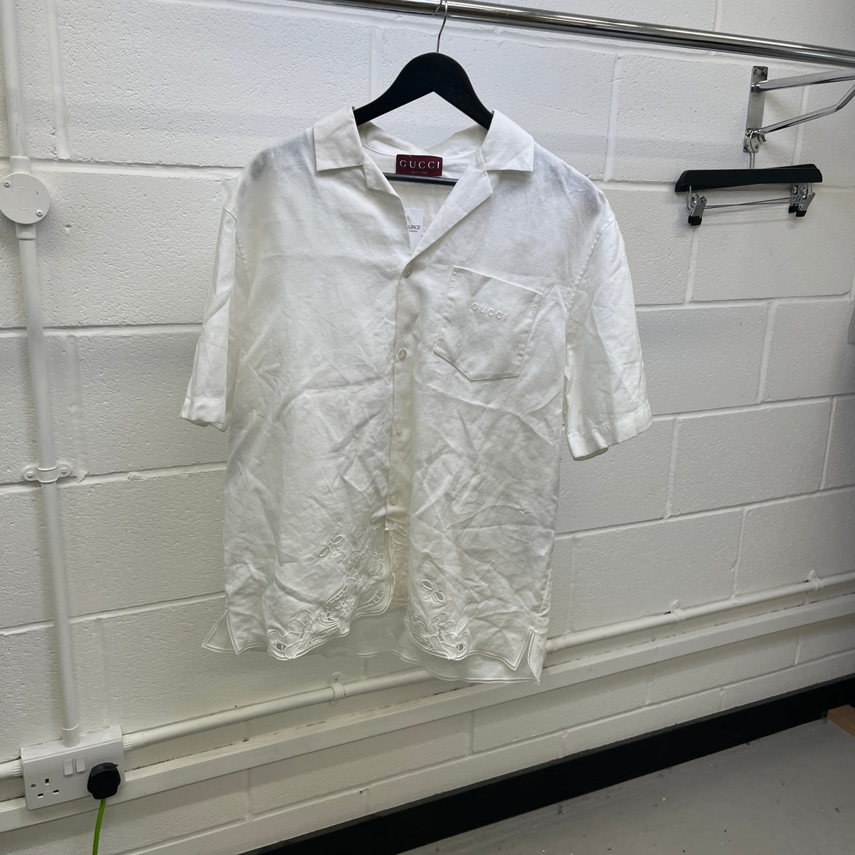 Men's Linen Embroidered Detail Short Sleeve Shirt White Size XL - Photo 8