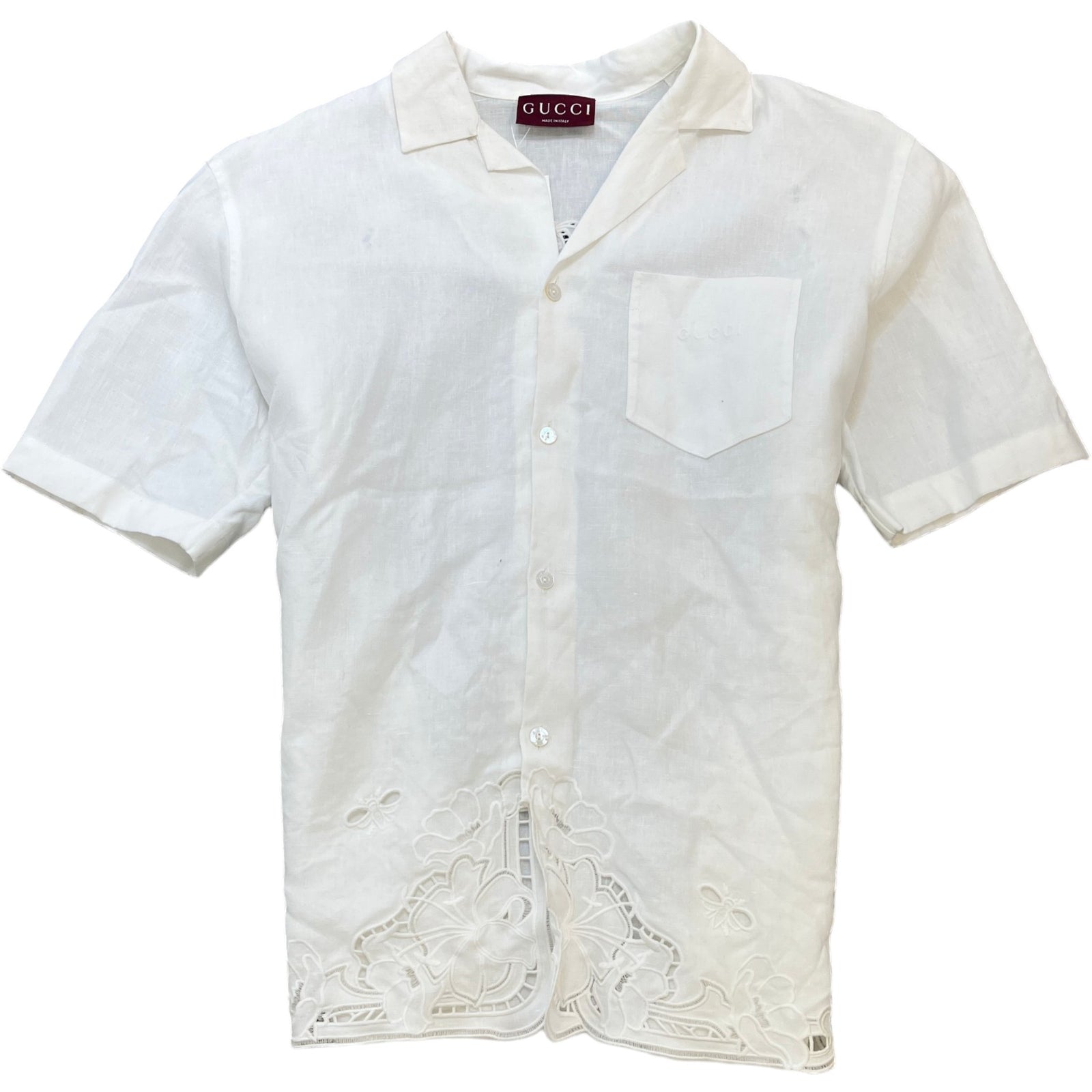Men's Linen Embroidered Detail Short Sleeve Shirt White Size XL - Photo 1